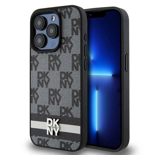 DKNY Leather Checkered Mono Pattern &amp; Printed Stripes Case for iPhone 15 Pro Max - Black_0