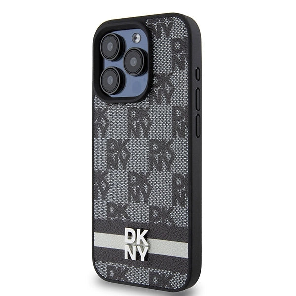 DKNY Leather Checkered Mono Pattern &amp; Printed Stripes Case for iPhone 15 Pro Max - Black_1