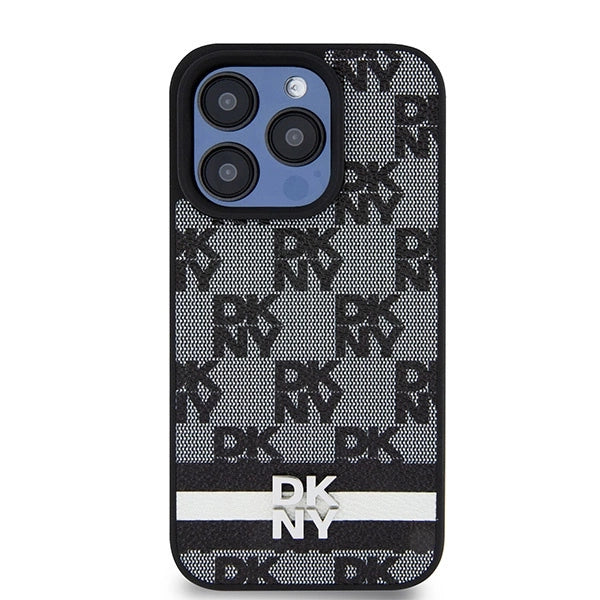DKNY Leather Checkered Mono Pattern &amp; Printed Stripes Case for iPhone 15 Pro Max - Black_2