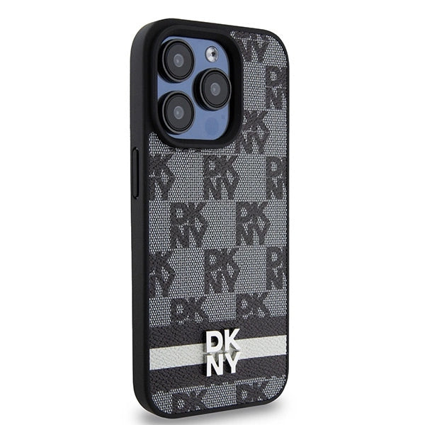 DKNY Leather Checkered Mono Pattern &amp; Printed Stripes Case for iPhone 15 Pro Max - Black_3