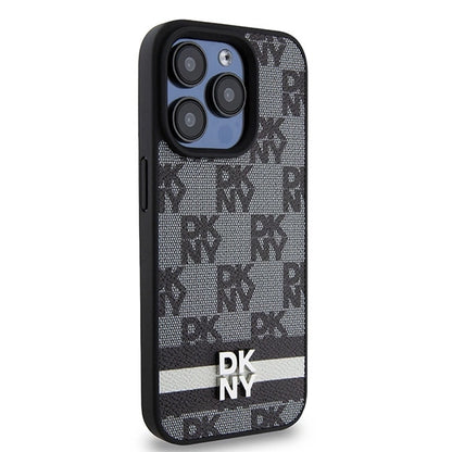DKNY Leather Checkered Mono Pattern &amp; Printed Stripes Case for iPhone 15 Pro Max - Black_3