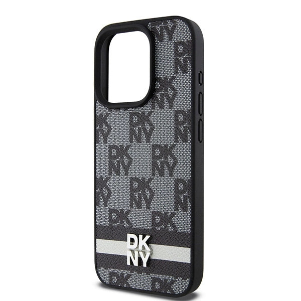 DKNY Leather Checkered Mono Pattern &amp; Printed Stripes Case for iPhone 15 Pro Max - Black_5