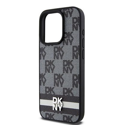 DKNY Leather Checkered Mono Pattern &amp; Printed Stripes Case for iPhone 15 Pro Max - Black_5