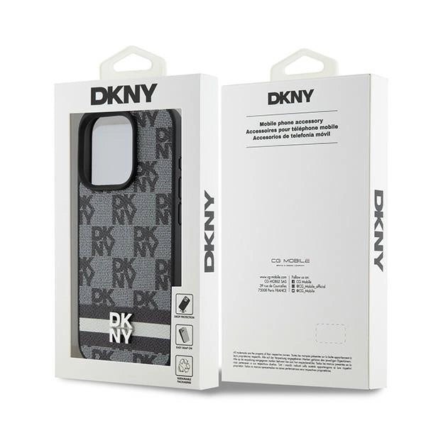 DKNY Leather Checkered Mono Pattern &amp; Printed Stripes Case for iPhone 15 Pro Max - Black_7