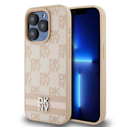 DKNY Leather Checkered Mono Pattern &amp; Printed Stripes case for iPhone 15 Pro Max - pink_0