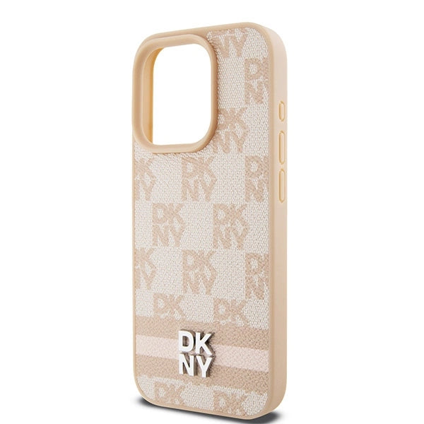 DKNY Leather Checkered Mono Pattern &amp; Printed Stripes case for iPhone 15 Pro Max - pink_5