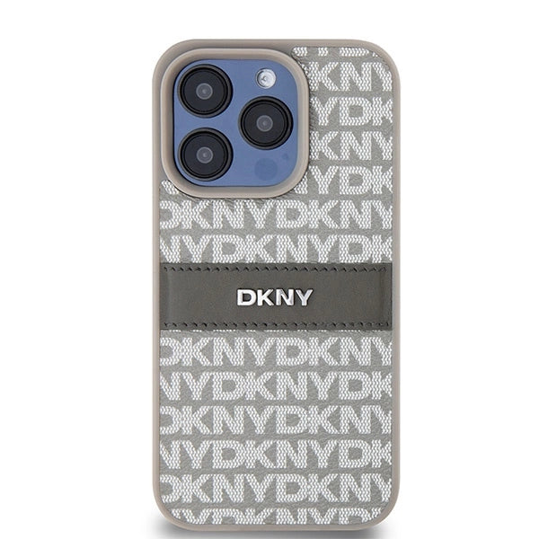 DKNY Leather Mono Stripe &amp; Metal Logo case for iPhone 15 Pro Max - beige_2