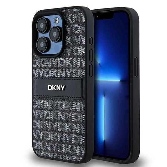 DKNY Leather Mono Stripe &amp; Metal Logo case for iPhone 15 Pro Max - black_0