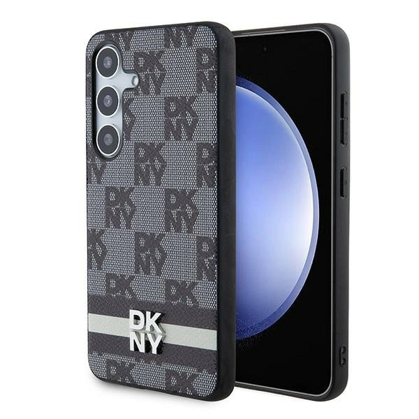 DKNY Leather Checkered Mono Pattern &amp; Printed Stripes Case for Samsung Galaxy S24 - Black_0