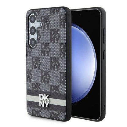 DKNY Leather Checkered Mono Pattern &amp; Printed Stripes Case for Samsung Galaxy S24 - Black_0