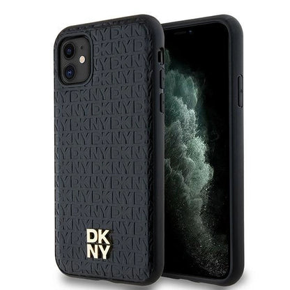 DKNY Leather Monogram Pattern Metal Logo MagSafe Case for iPhone 11 / Xr - Black_0