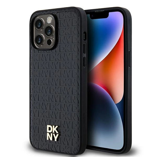 DKNY Leather Pattern Metal Logo MagSafe case for iPhone 14 Pro - black_0