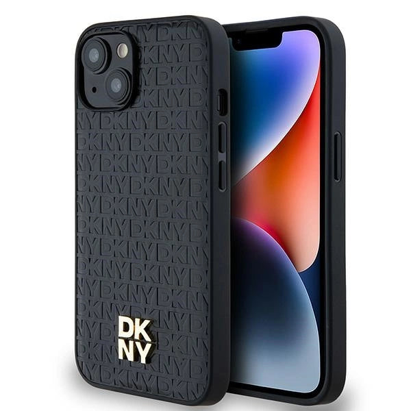DKNY Leather Monogram Pattern Metal Logo MagSafe Case for iPhone 15/14/13 - Black_0