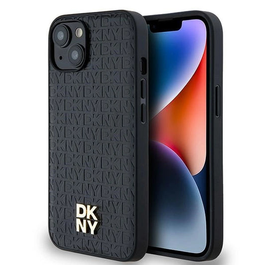 DKNY Leather Monogram Pattern Metal Logo MagSafe Case for iPhone 15/14/13 - Black_0
