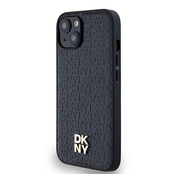 DKNY Leather Monogram Pattern Metal Logo MagSafe Case for iPhone 15/14/13 - Black_1