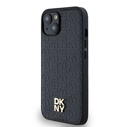 DKNY Leather Monogram Pattern Metal Logo MagSafe Case for iPhone 15/14/13 - Black_1
