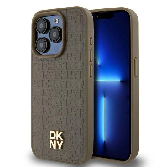 DKNY Leather Pattern Metal Logo MagSafe case for iPhone 14 Pro Max - brown_0