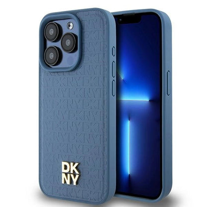 DKNY Leather Monogram Pattern Metal Logo MagSafe Case for iPhone 15 Pro - Blue_0