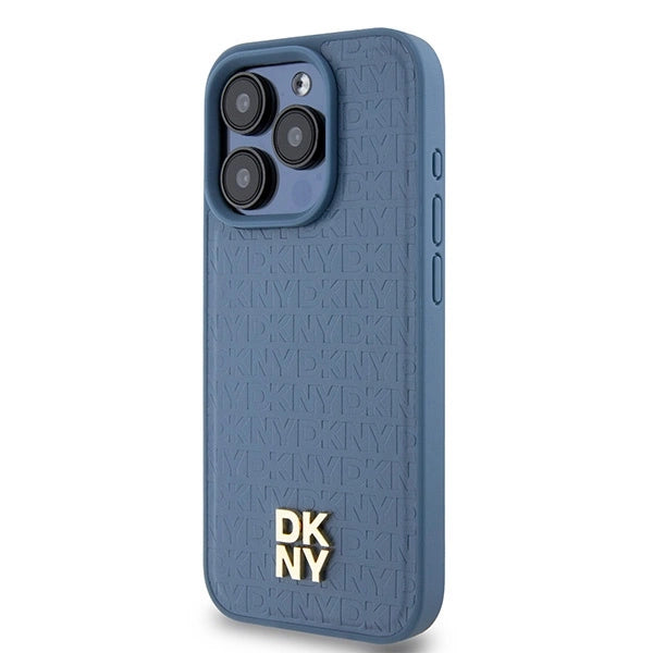 DKNY Leather Monogram Pattern Metal Logo MagSafe Case for iPhone 15 Pro - Blue_1