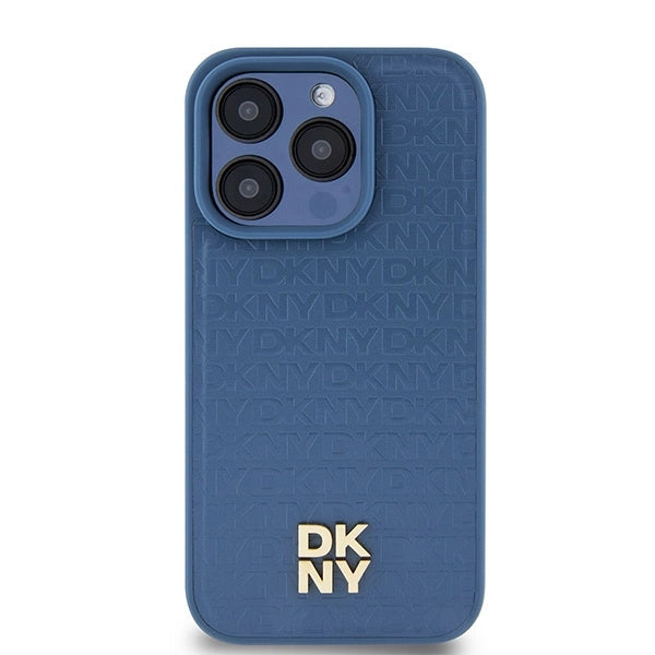 DKNY Leather Monogram Pattern Metal Logo MagSafe Case for iPhone 15 Pro - Blue_2