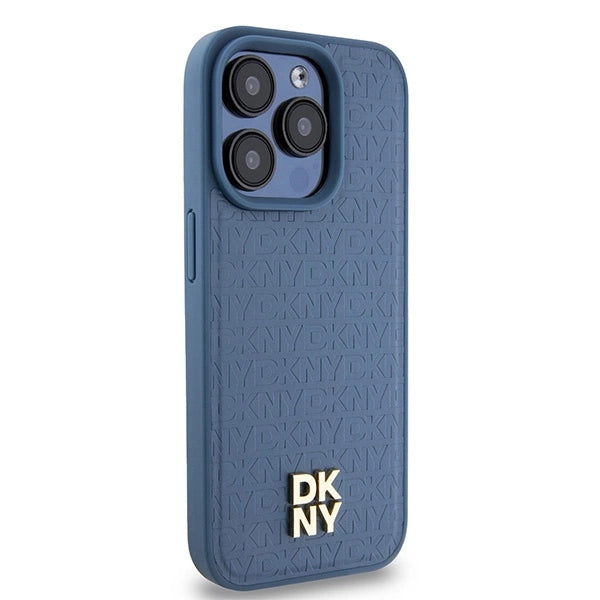 DKNY Leather Monogram Pattern Metal Logo MagSafe Case for iPhone 15 Pro - Blue_3
