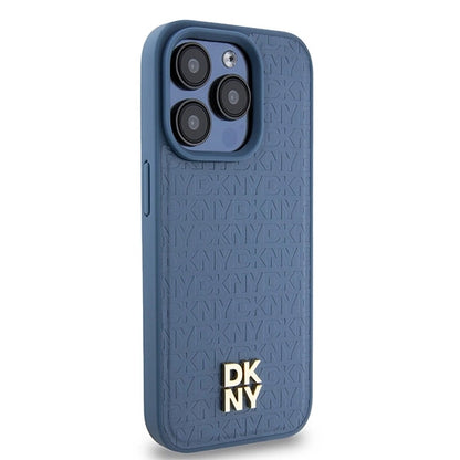 DKNY Leather Monogram Pattern Metal Logo MagSafe Case for iPhone 15 Pro - Blue_3