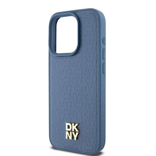 DKNY Leather Monogram Pattern Metal Logo MagSafe Case for iPhone 15 Pro - Blue_5