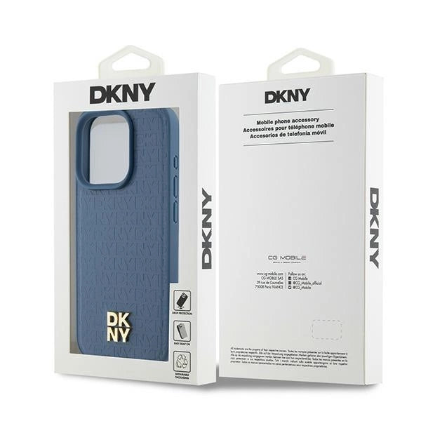 DKNY Leather Monogram Pattern Metal Logo MagSafe Case for iPhone 15 Pro - Blue_7