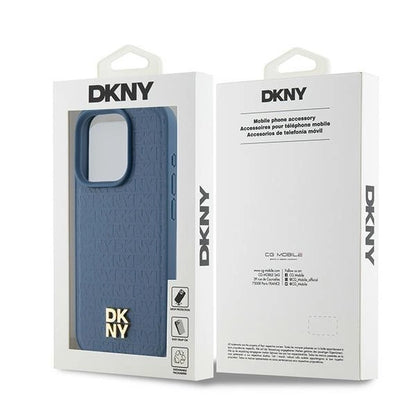 DKNY Leather Monogram Pattern Metal Logo MagSafe Case for iPhone 15 Pro - Blue_7