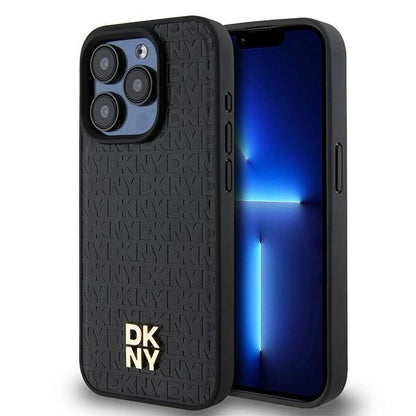 DKNY Leather Monogram Pattern Metal Logo MagSafe Case for iPhone 15 Pro - Black_0