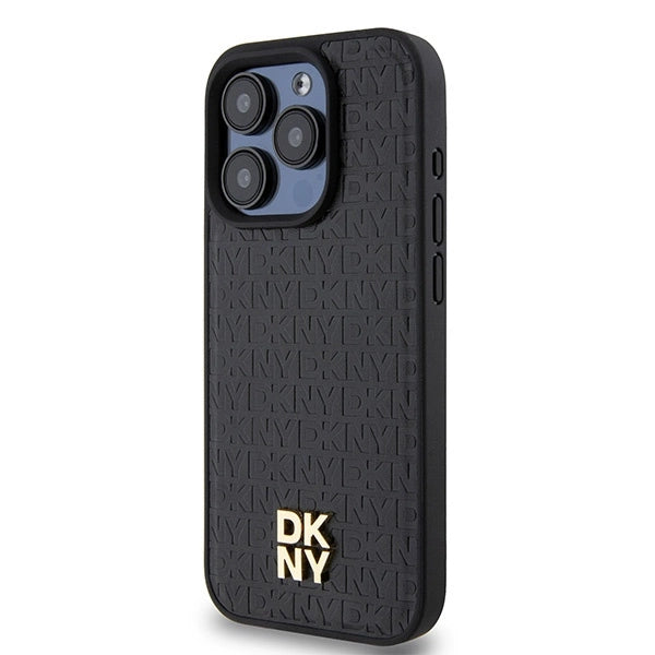 DKNY Leather Monogram Pattern Metal Logo MagSafe Case for iPhone 15 Pro - Black_1