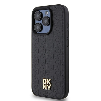 DKNY Leather Monogram Pattern Metal Logo MagSafe Case for iPhone 15 Pro - Black_1