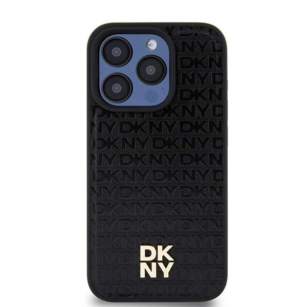 DKNY Leather Monogram Pattern Metal Logo MagSafe Case for iPhone 15 Pro - Black_2