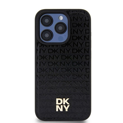 DKNY Leather Monogram Pattern Metal Logo MagSafe Case for iPhone 15 Pro - Black_2