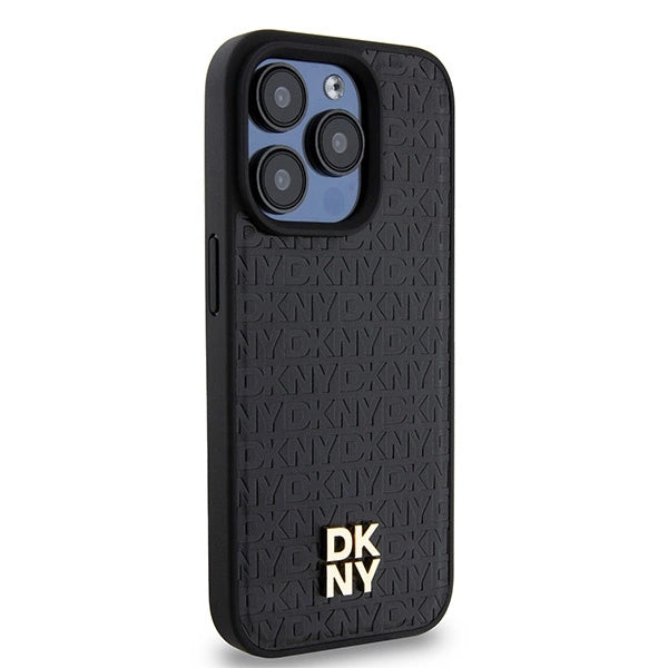 DKNY Leather Monogram Pattern Metal Logo MagSafe Case for iPhone 15 Pro - Black_3