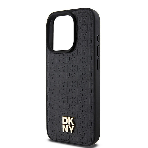 DKNY Leather Monogram Pattern Metal Logo MagSafe Case for iPhone 15 Pro - Black_5