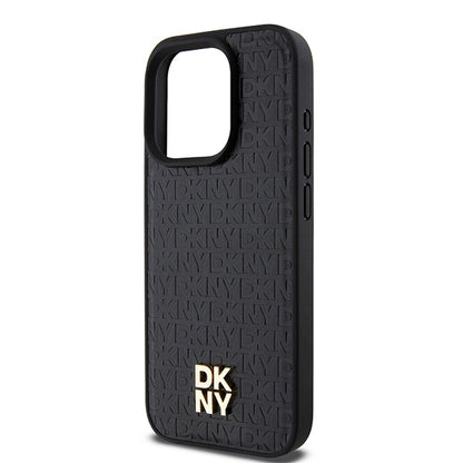 DKNY Leather Monogram Pattern Metal Logo MagSafe Case for iPhone 15 Pro - Black_5