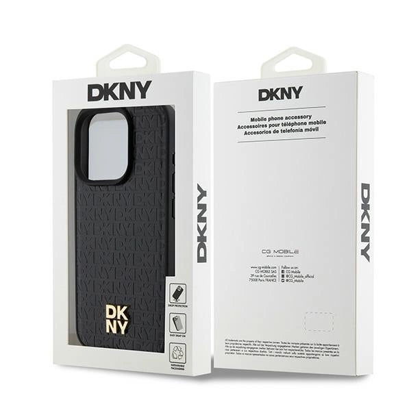 DKNY Leather Monogram Pattern Metal Logo MagSafe Case for iPhone 15 Pro - Black_7
