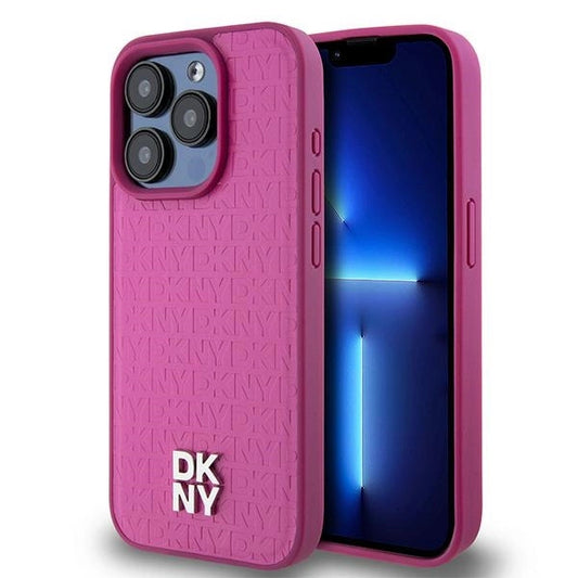 DKNY Leather Monogram Pattern Metal Logo MagSafe Case for iPhone 15 Pro - Pink_0