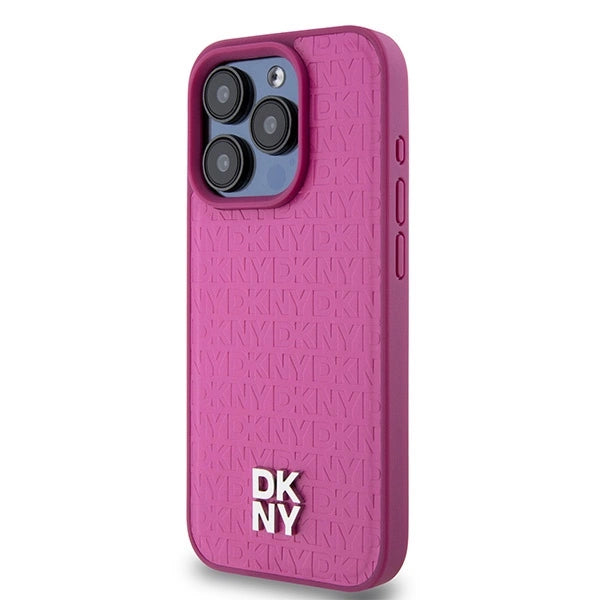 DKNY Leather Monogram Pattern Metal Logo MagSafe Case for iPhone 15 Pro - Pink_1