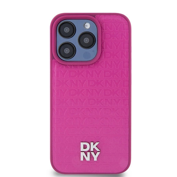 DKNY Leather Monogram Pattern Metal Logo MagSafe Case for iPhone 15 Pro - Pink_2