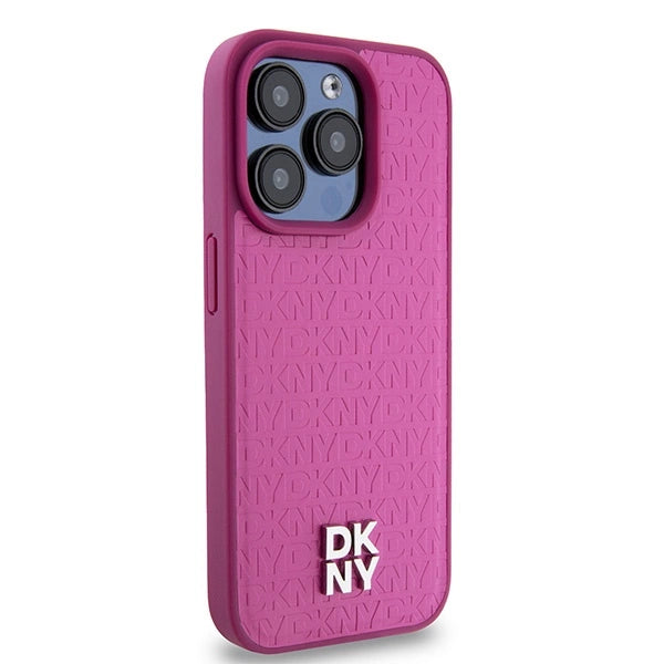 DKNY Leather Monogram Pattern Metal Logo MagSafe Case for iPhone 15 Pro - Pink_3