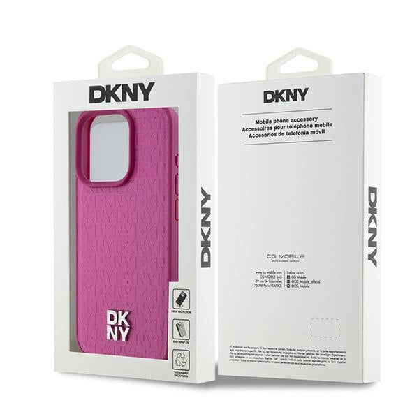 DKNY Leather Monogram Pattern Metal Logo MagSafe Case for iPhone 15 Pro - Pink_7