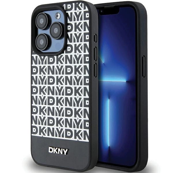 DKNY Leather Printed Pattern Metal Logo MagSafe Case for iPhone 15 Pro - Black_0