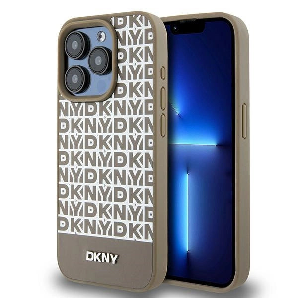 DKNY Leather Printed Pattern Metal Logo MagSafe Case for iPhone 15 Pro - Brown_0