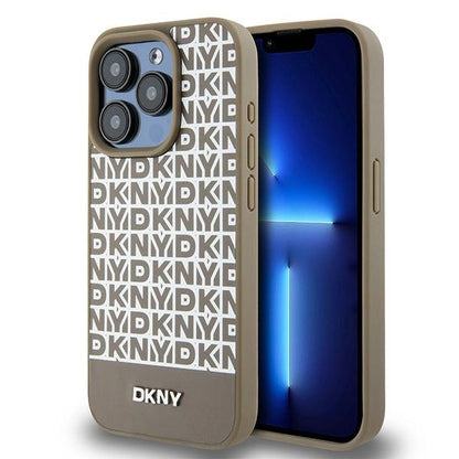 DKNY Leather Printed Pattern Metal Logo MagSafe Case for iPhone 15 Pro - Brown_0