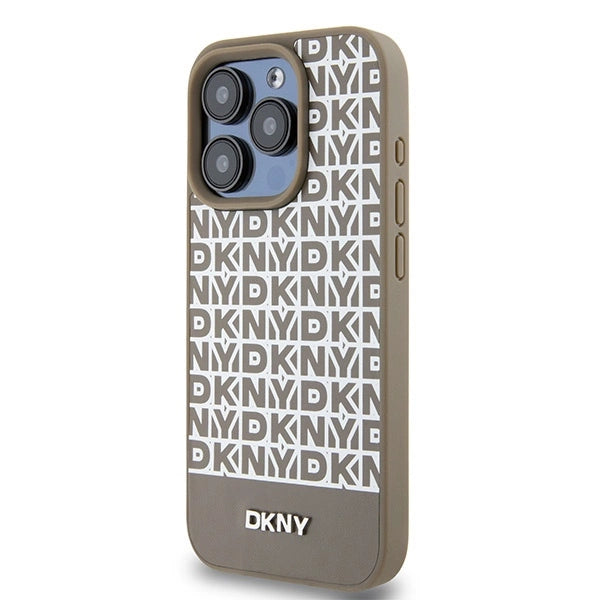 DKNY Leather Printed Pattern Metal Logo MagSafe Case for iPhone 15 Pro - Brown_1