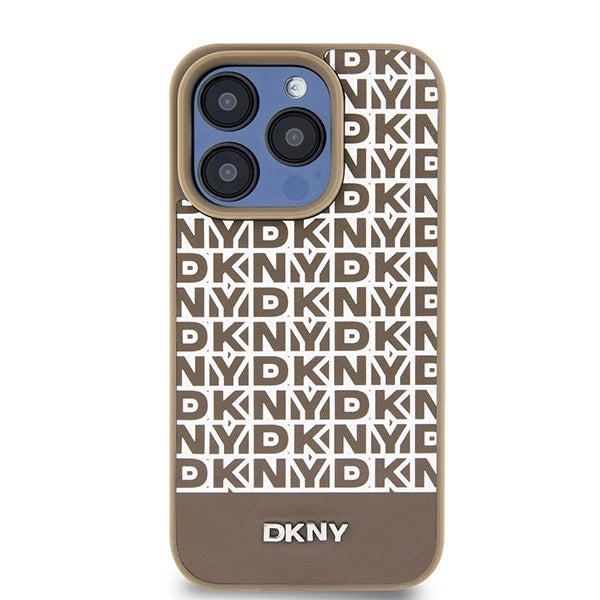 DKNY Leather Printed Pattern Metal Logo MagSafe Case for iPhone 15 Pro - Brown_2