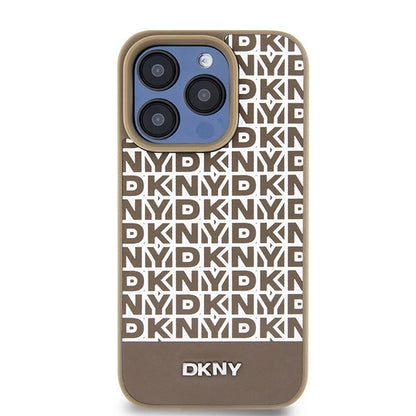 DKNY Leather Printed Pattern Metal Logo MagSafe Case for iPhone 15 Pro - Brown_2