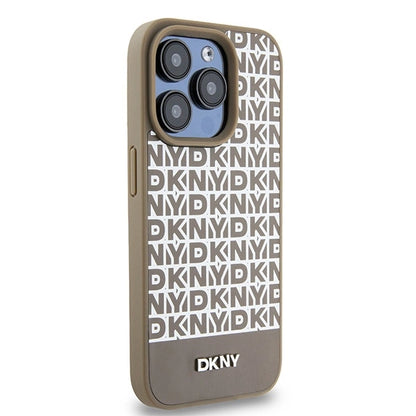 DKNY Leather Printed Pattern Metal Logo MagSafe Case for iPhone 15 Pro - Brown_3